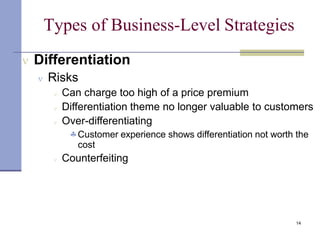 Types of Business-Level Strategies
14
 Differentiation
 Risks
 Can charge too high of a price premium
 Differentiation theme no longer valuable to customers
 Over-differentiating
Customer experience shows differentiation not worth the
cost
 Counterfeiting
 