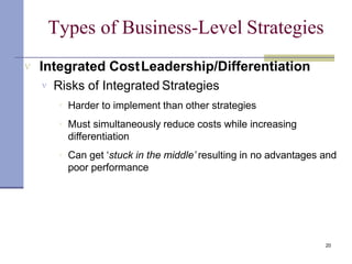 Types of Business-Level Strategies
20
 Integrated CostLeadership/Differentiation
 Risks of Integrated Strategies



Harder to implement than other strategies
Must simultaneously reduce costs while increasing
differentiation
Can get ‘stuck in the middle’ resulting in no advantages and
poor performance
 