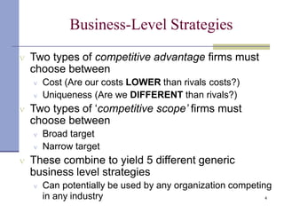 4
Business-Level Strategies
 Two types of competitive advantage firms must
choose between
 Cost (Are our costs LOWER than rivals costs?)
 Uniqueness (Are we DIFFERENT than rivals?)
 Two types of ‘competitive scope’ firms must
choose between
 Broad target
 Narrow target
 These combine to yield 5 different generic
business level strategies
 Can potentially be used by any organization competing
in any industry
 