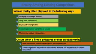 Rivalry Among Existing Competitors
Intense rivalry often plays out in the following ways:
Jockeying for strategic position
Using price competition
Staging advertising battles
Making new product introductions
Increasing consumer warranties or service
Occurs when a firm is pressured or sees an opportunity
Price competition often leaves the entire industry worse off
Advertising battles may increase total industry demand, but may be costly to smaller
competitors
 