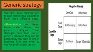 Generic strategy
Strategies allow organizations
to gain competitive advantage
from three different bases:
cost leadership,
differentiation, and focus.
Porter called these base
generic strategies. These
strategies have been termed
generic, because they can be
pursued by any type or size of
business firm and even by
not-for-profit organizations.
 