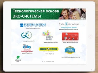© TU BUSINESS LIFE
7
Технологическая основа
ЭКО-СИСТЕМЫ
www.happyfarm.com.ua
www.businessystem.com
www.utgem.co
www.profilesinternational.com.ua
www.gmcua.com/ru
www.hfsafari.com
www.2013.startupaddventure.co
www.ukrinnovation.com
 