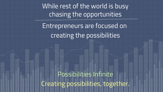While rest of the world is busy
chasing the opportunities
Possibilities Infinite
Creating possibilities, together.
Entrepreneurs are focused on
creating the possibilities
 