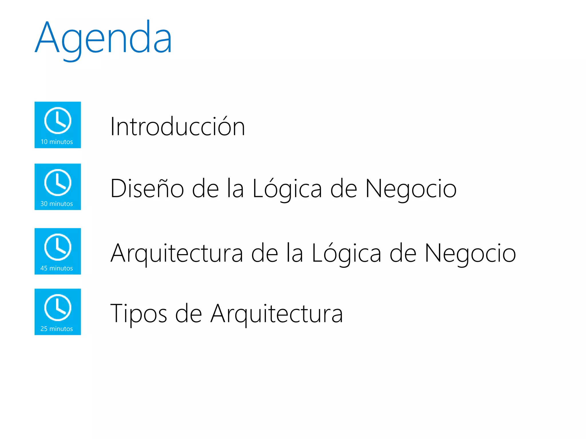 10 minutos
             Introducción

30 minutos
             Diseño de la Lógica de Negocio

45 minutos
             Arquitectura de la Lógica de Negocio

25 minutos
             Tipos de Arquitectura
 