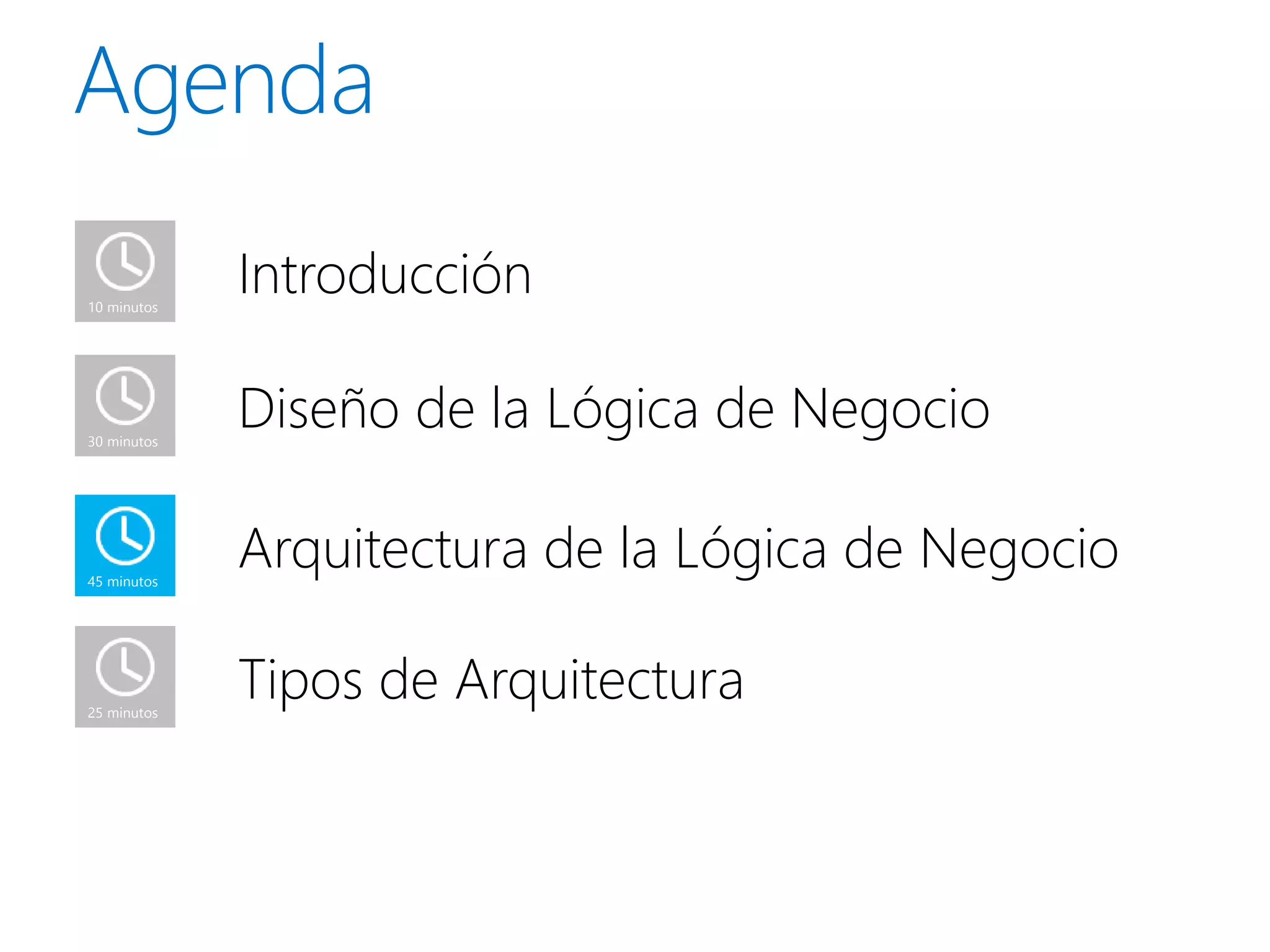 10 minutos
             Introducción

30 minutos
             Diseño de la Lógica de Negocio

45 minutos
             Arquitectura de la Lógica de Negocio

25 minutos
             Tipos de Arquitectura
 