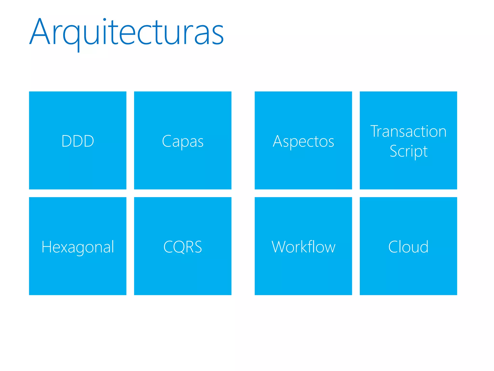 Transaction
  DDD       Capas   Aspectos
                                  Script




Hexagonal   CQRS    Workflow     Cloud
 