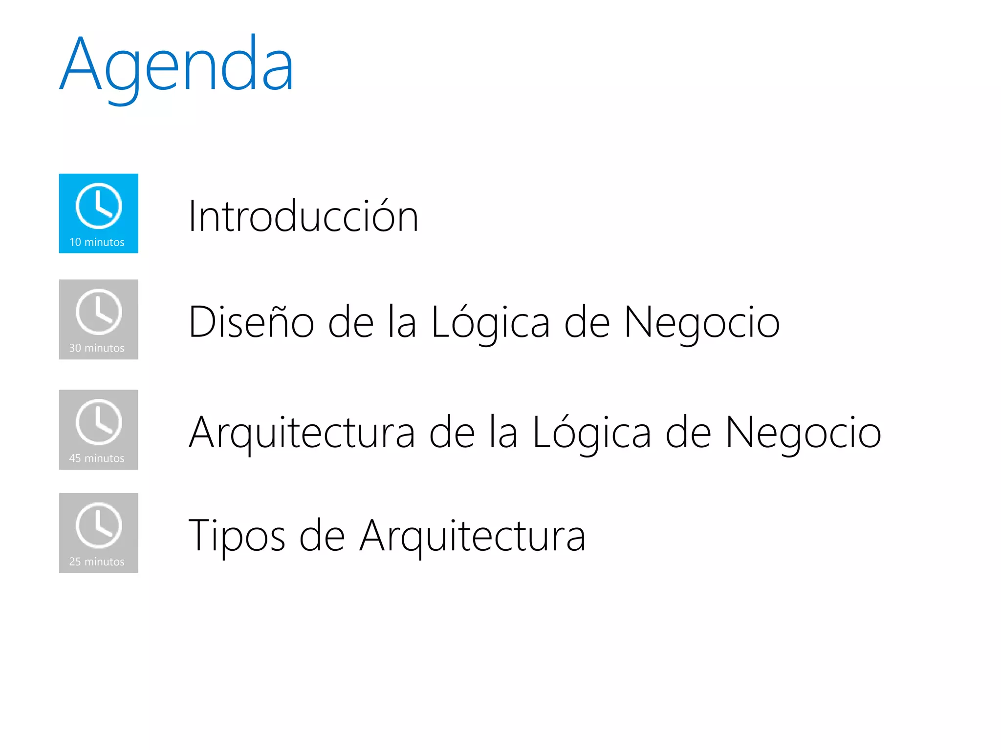 10 minutos
             Introducción

30 minutos
             Diseño de la Lógica de Negocio

45 minutos
             Arquitectura de la Lógica de Negocio

25 minutos
             Tipos de Arquitectura
 
