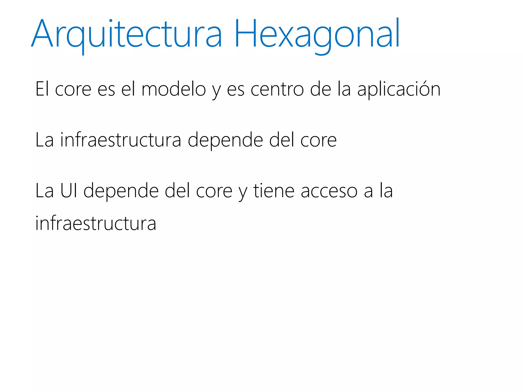 El core es el modelo y es centro de la aplicación

La infraestructura depende del core

La UI depende del core y tiene acceso a la
infraestructura
 