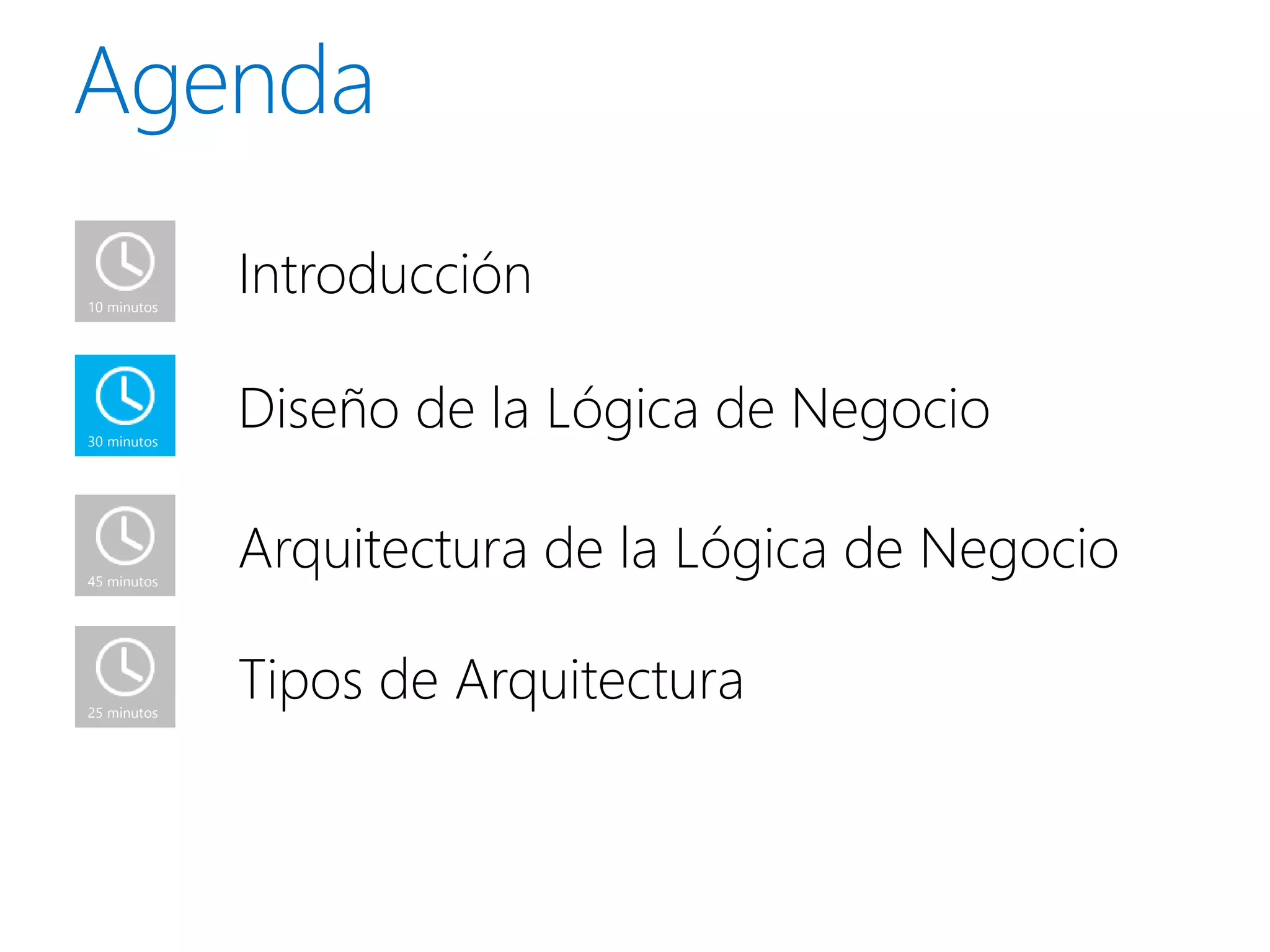10 minutos
             Introducción

30 minutos
             Diseño de la Lógica de Negocio

45 minutos
             Arquitectura de la Lógica de Negocio

25 minutos
             Tipos de Arquitectura
 