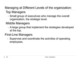 Managing at Different Levels of the organization:
Top Managers
     Small group of executives who manage the overall
      organization, the strategic level.
Middle Managers
     A large group that implement the strategies developed
      at the top.
First-Line Managers
     Supervise and coordinate the activities of operating
      employees.




33                                  vikas vadakara
 
