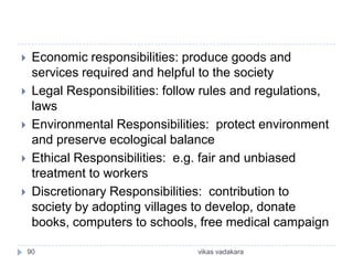     Economic responsibilities: produce goods and
     services required and helpful to the society
    Legal Responsibilities: follow rules and regulations,
     laws
    Environmental Responsibilities: protect environment
     and preserve ecological balance
    Ethical Responsibilities: e.g. fair and unbiased
     treatment to workers
    Discretionary Responsibilities: contribution to
     society by adopting villages to develop, donate
     books, computers to schools, free medical campaign

    90                            vikas vadakara
 