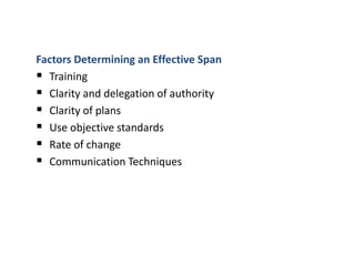 Factors Determining an Effective Span
 Training
 Clarity and delegation of authority
 Clarity of plans
 Use objective standards
 Rate of change
 Communication Techniques
 