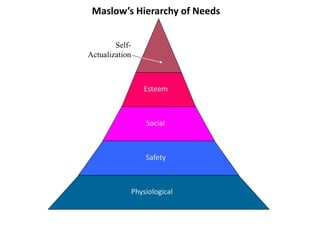Maslow’s Hierarchy of Needs
Physiological
Safety
Social
Esteem
Self-
Actualization
 