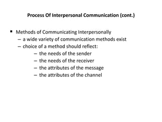 Process Of Interpersonal Communication (cont.)
 Methods of Communicating Interpersonally
– a wide variety of communication methods exist
– choice of a method should reflect:
– the needs of the sender
– the needs of the receiver
– the attributes of the message
– the attributes of the channel
 