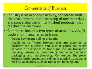 Components of Business
• Industry is an economic activity, concerned with
the procurement and processing of raw materials
and converting them into finished products, that
reaches the customer.
• Commerce includes two types of activities, viz., (i)
trade and (ii) auxiliaries to trade.
– Trade: Buying and selling of goods.
– Auxiliaries to Trade: Services that are essential to
facilitate the purchase and sale of goods are called
services or auxiliaries to trade and include transport,
banking, insurance, communication, advertisement,
packaging and warehousing. Commerce, therefore,
includes both, buying and selling of goods i.e., trade, as
well as, auxiliaries, such as transport, banking, etc
Prepared By Dr. Darshan Subherwal
 