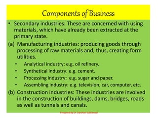 Components of Business
• Secondary industries: These are concerned with using
materials, which have already been extracted at the
primary state.
(a) Manufacturing industries: producing goods through
processing of raw materials and, thus, creating form
utilities.
• Analytical industry: e.g. oil refinery.
• Synthetical industry: e.g. cement.
• Processing industry: e.g. sugar and paper.
• Assembling industry: e.g. television, car, computer, etc.
(b) Construction industries: These industries are involved
in the construction of buildings, dams, bridges, roads
as well as tunnels and canals.
Prepared By Dr. Darshan Subherwal
 