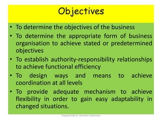 Objectives
• To determine the objectives of the business
• To determine the appropriate form of business
organisation to achieve stated or predetermined
objectives
• To establish authority-responsibility relationships
to achieve functional efficiency
• To design ways and means to achieve
coordination at all levels
• To provide adequate mechanism to achieve
flexibility in order to gain easy adaptability in
changed situations.
Prepared By Dr. Darshan Subherwal
 