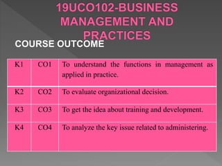 COURSE OUTCOME
K1 CO1 To understand the functions in management as
applied in practice.
K2 CO2 To evaluate organizational decision.
K3 CO3 To get the idea about training and development.
K4 CO4 To analyze the key issue related to administering.
 
