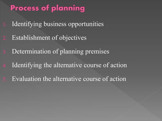 1. Identifying business opportunities
2. Establishment of objectives
3. Determination of planning premises
4. Identifying the alternative course of action
5. Evaluation the alternative course of action
 