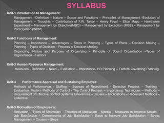 Unit-1 Introduction to Management:
Management –Definition – Nature – Scope and Functions – Principles of Management -Evolution of
Management – Thoughts – Contribution of F.W. Talyor – Henry Fayol – Elton Mayo – Hawthorne
Experiment – Management by Objective(MBO) – Management by Exception (MBE) – Management by
Participation (WPM)
Unit-2 Functions of Management:
Planning – Importance – Advantages – Steps in Planning – Types of Plans – Decision Making –
Planning – Types of Decision – Process of Decision Making.
Organizing: Nature and Purpose of Organizing – Principle of Sound Organization –Types of
Organization – Factors
Unit-3 Human Resource Management:
Measures - Definition – Need – Evaluation – Importance- HR Planning – Factors Governing Planning.
Unit-4 Performance Appraisal and Sustaining Employee:
Methods of Performance - Staffing – Sources of Recruitment - Selection Process – Training -
Evaluation. Modern Methods of Control - The Control Process – Importance, Techniques – Methods –
Requirement of Effective Control Systems Grievances – Causes – Implications – Redressed Methods –
Collective
Unit-5 Motivation of Employee’s:
Motivation – Types of Motivation – Theories of Motivation – Morale – Measures to Improve Morale –
Job Satisfaction – Determinants of Job Satisfaction - Steps to Improve Job Satisfaction – Stress
Management – Causes – Steps
 