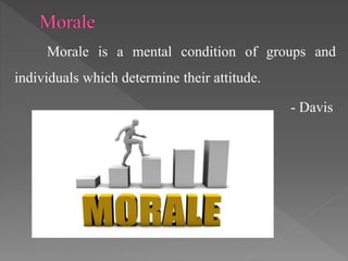 Morale is a mental condition of groups and
individuals which determine their attitude.
- Davis
 