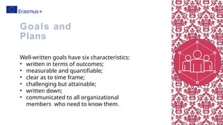 Well-written goals have six characteristics:
• written in terms of outcomes;
• measurable and quantifiable;
• clear as to time frame;
• challenging but attainable;
• written down;
• communicated to all organizational
members who need to know them.
Goals and
Plans
 