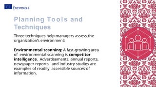 Three techniques help managers assess the
organization’s environment:
Environmental scanning: A fast-growing area
of environmental scanning is competitor
intelligence. Advertisements, annual reports,
newspaper reports, and industry studies are
examples of readily accessible sources of
information.
Planning Tools and
Techniques
 
