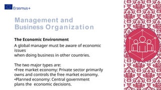 The Economic Environment
A global manager must be aware of economic
issues
when doing business in other countries.
The two major types are:
•Free market economy: Private sector primarily
owns and controls the free market economy.
•Planned economy: Central government
plans the economic decisions.
Management and
Business Organization
 