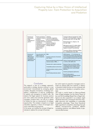 63 Business Management Review Vol.1(1), Janvier-Mars 2011
Conclusion
This research is part of a strategic approach,
particularly in strategic decision-making in a new
environment characterized by emerging global
markets, disruptive innovations, increasing com-
petition, multiplication of start-up, proliferation
of patents and emergence of patent trolls. We
observe that legal aspects for business practice
are more useful and outcomes generator when
managers combine them, not only as a sphere
of threats but also as improvement of strategic
opportunities. This analysis is based on an legal
naturalism approach, in favor of managers eco-
nomic rationality and proactivity.
In this sense, we mobilize the concept of legal as-
tuteness to replace the concept of business
law which seems to prevail to managers and re-
fused any playing field and creativity in relation
to situations where the law can be combined with
other resources to develop a competitive advan-
tage.
The study is mainly based on Resource-Based
View of legal strategies, but the Game Theory of
law and the Knowledge-Based View of legal intel-
ligence are also supported in our analysis. Legal
astuteness becomes a framework that links intan-
gible resources and capabilities to sustainable
competitive advantage. These three theoretical
fields apprehend competitive advantage through
different macroeconomic conditions, different
competitive positions, and different levels of ope-
rational effectiveness.
The outsourcing
of production
creates quality
control and
ethics problems
Preserve the image
of products and
brands
Establish cell communication and
effective quality
Outsourcing in China
Activities
portfolios are
quickly outdated
Companies must
maintain their
market and their
rents
Firms develop deal structures and
specific IP contracts between firms
which discover technologies and
those which develop them
Licensing agreement in pharmaceutical
business development
The market is
hyper
competitive and
experiencing
important
technological
innovation
disruptions
Key factor of
success suggest
anticipations over
future developments
to maintain a
competitive
advantage and rents
“Champions” impose a standard
oftenat the expense of maintaining
exclusive rights to the technologies
involved
New Competitive Dynamics in Network
Industries (the case of Sun Microsystems’
Open Systems Strategy)
The market is
open to
competitors, and
sources of
differentiation
are limited
Reveal an artificial
differentiation on
common standards
to maintain capture
of value
Systematic legal action against all
competitive initiatives or imitations
of IP resources
Motorola systematically attacks the
manufacturers of standard batteries and
communicate in parallel the dangers of
“counterfeit batteries”
Extension of
patentability
scope
Proliferation of
patents
Protect innovations
and profits of patent
portfolios.
Develop proactive
strategies face to the
threat of the
emergence of Patent
Trolls and Sponges
getting benefit of
patent system
failures
Lobbying
Transaction negotiation
Focus on essential patents
IP scanning and legal failures
Monitoring
Business intelligence
Startup acquisitions
Strategic alliances
Computer Software Copyright Act 1980
and CAFC -State Street Bank v. Signature
Financial Group 149 F. 3d 1368, 1998
MercExchange LLC v. eBay Inc. 126
S.Ct.1837-2006
RIM agreed to pay 612.5 million dollars
to avoid being dragged into a costly
litigation for patent counterfeiting
Transocean Offshore Deepwater Drilling
Inc. v. GlobalSantaFe Corp. 2006
Extension of
sources of
differentiation
are limitedby
competitors very
differentiated
Use and extend the
differenciation of
these competitors
M&A
Introduce extension of someone
else’ brand,…
Brand and patenting productsresale
(exclusive sales or OEM,…)
Someone else’ patents extension
Compatible products and services
Imitative products, advert, services,
brand,…
Brand Parody productsor advert
LVMH Acquires 17.1% of Hermes, by
converting stock options (thus becoming
the second largest shareholderofHermes
and its portfolio of brands and capacities)
Parfums Christian Dior/Evora BV, (Case
C-337/95, 1997, EMTR, 937)
Nespresso/Sara Lee et Ethical Coffee
Company and many business cases of
Compatibleproducts: Gillette sensor,
Siemens/Vipa, Lean Cuisine/Weight
Watchers,…
Imitative packagingin agribusiness
Brand Parodyproducts :
Champagnebier/Champagne, Gucchi
Goo/Gucci, Nike/Mike,…
Capturing Value by a New Vision of Intellectual
Property Law: from Protection to Acquisition
and Predation
 