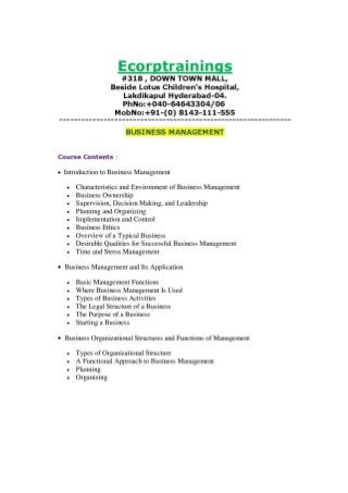 BUSINESS MANAGEMENT Training in Hyderabad India Ecorp Institute
