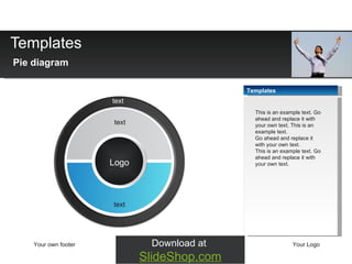 Templates Pie diagram Your own footer Your Logo text Logo text text Download at  SlideShop.com Templates This is an example text. Go ahead and replace it with your own text. This is an example text.  Go ahead and replace it with your own text.  This is an example text. Go ahead and replace it with your own text. 