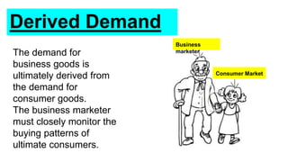 Derived Demand
The demand for
business goods is
ultimately derived from
the demand for
consumer goods.
The business marketer
must closely monitor the
buying patterns of
ultimate consumers.
Business
marketer
Consumer Market
 