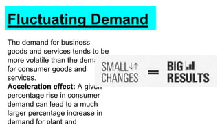 Fluctuating Demand
The demand for business
goods and services tends to be
more volatile than the demand
for consumer goods and
services.
Acceleration effect: A given
percentage rise in consumer
demand can lead to a much
larger percentage increase in
 