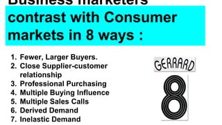 Business marketers
contrast with Consumer
markets in 8 ways :
1. Fewer, Larger Buyers.
2. Close Supplier-customer
relationship
3. Professional Purchasing
4. Multiple Buying Influence
5. Multiple Sales Calls
6. Derived Demand
7. Inelastic Demand
 