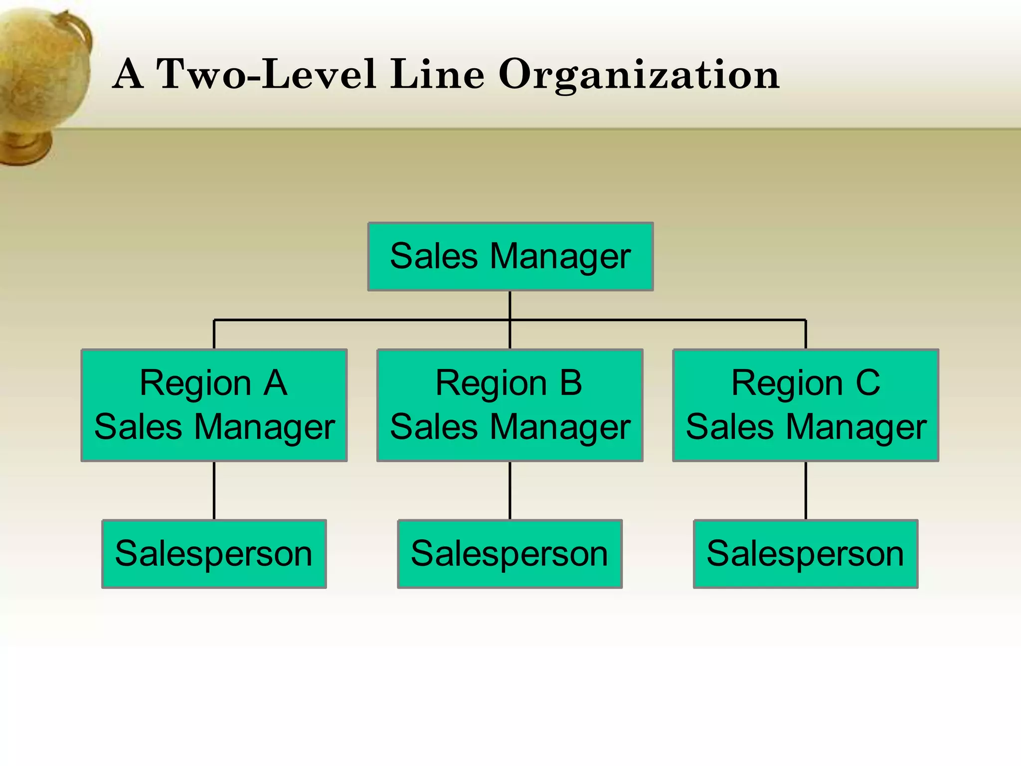 A Two-Level Line Organization

Sales Manager

Region A
Sales Manager

Region B
Sales Manager

Region C
Sales Manager

Salesperson

Salesperson

Salesperson

 