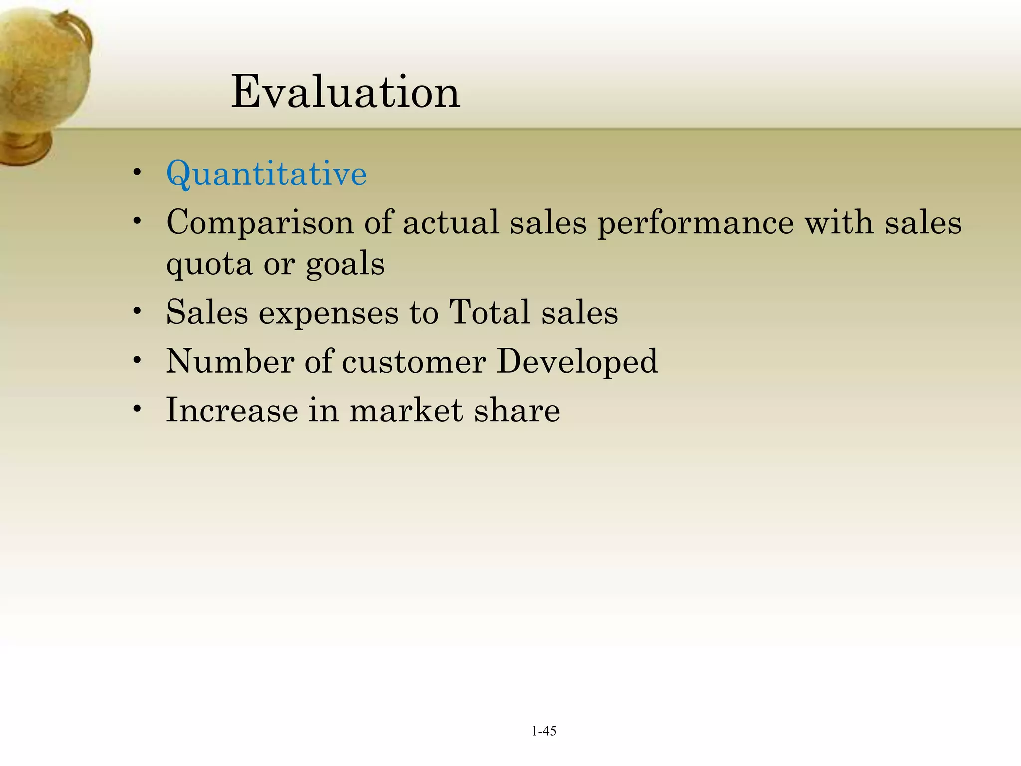 Evaluation
• Quantitative
• Comparison of actual sales performance with sales
quota or goals
• Sales expenses to Total sales
• Number of customer Developed
• Increase in market share

1-45

 