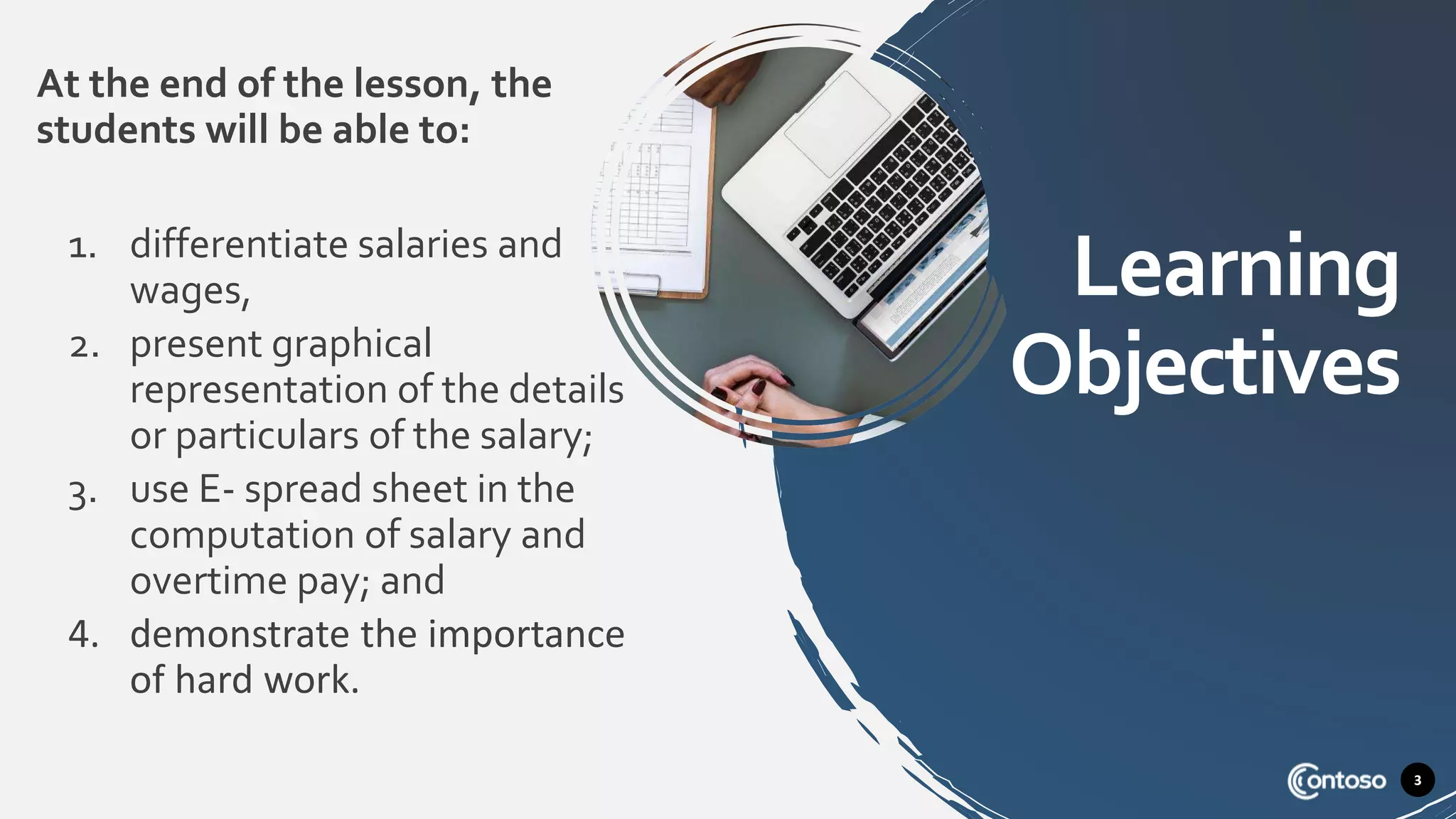 Learning
Objectives
At the end of the lesson, the
students will be able to:
1. differentiate salaries and
wages,
2. present graphical
representation of the details
or particulars of the salary;
3. use E- spread sheet in the
computation of salary and
overtime pay; and
4. demonstrate the importance
of hard work.
3
 