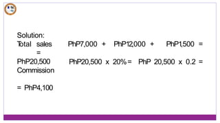 PhP7,000 + PhP12,000 + PhP1
,500 =
PhP20,500 x 20%= PhP 20,500 x 0.2 =
Solution:
T
otal sales
=
PhP20,500
Commission
= PhP4,100
 