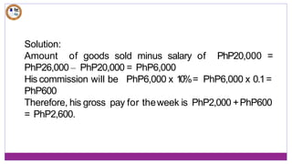 Solution:
Amount of goods sold minus salary of PhP20,000 =
PhP26,000 – PhP20,000 = PhP6,000
His commission will be PhP6,000 x 10%= PhP6,000 x 0.1=
PhP600
Therefore, his gross pay for theweek is PhP2,000 +PhP600
= PhP2,600.
 