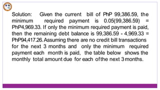 Given the current bill of PhP 99,386.59, the
Solution:
minimum required payment is 0.05(99,386.59) =
PhP4,969.33. If only the minimum required payment is paid,
then the remaining debt balance is 99,386.59 - 4,969.33 =
PhP94,417.26.Assuming there are no credit bill transactions
for the next 3 months and
payment each month is paid,
only the minimum
the table below
required
shows the
monthly total amount due for each ofthe next 3months.
 