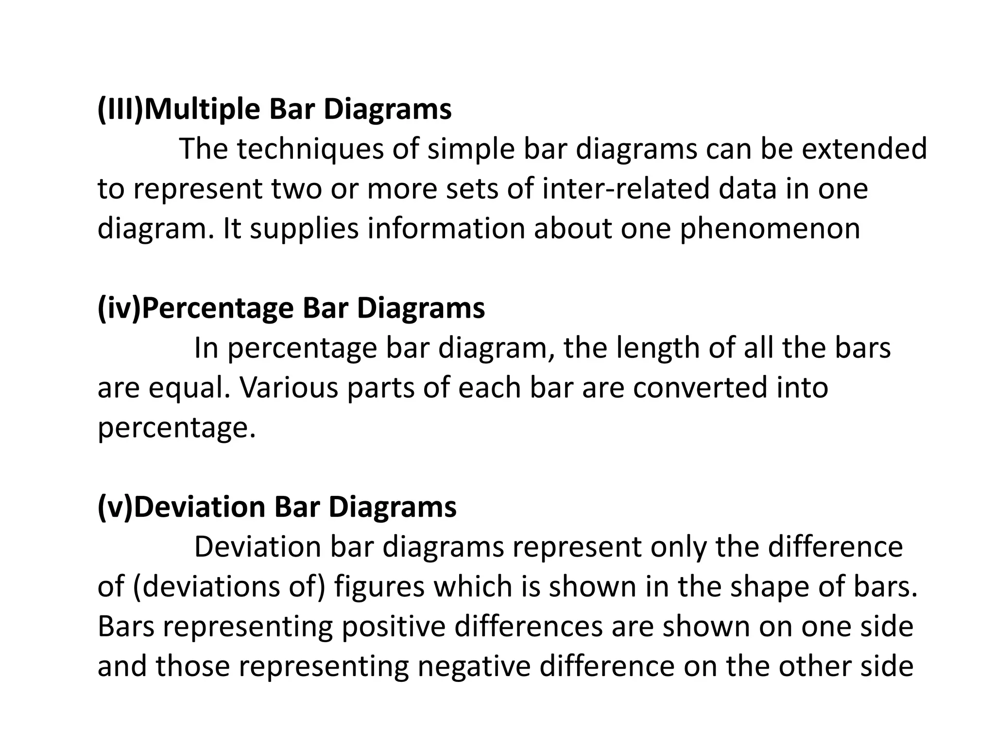 (III)Multiple Bar Diagrams
The techniques of simple bar diagrams can be extended
to represent two or more sets of inter-related data in one
diagram. It supplies information about one phenomenon
(iv)Percentage Bar Diagrams
In percentage bar diagram, the length of all the bars
are equal. Various parts of each bar are converted into
percentage.
(v)Deviation Bar Diagrams
Deviation bar diagrams represent only the difference
of (deviations of) figures which is shown in the shape of bars.
Bars representing positive differences are shown on one side
and those representing negative difference on the other side
 