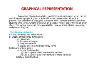 GRAPHICAL REPRESENTATION
Frequency distribution related to discrete and continuous series can be
well drawn in a graph. A graph is a visual form of presentation. Graphical
presentation of statistical data gives a pictorial effect. Graphs are very useful for
studying time series. Graphs are drawn on a special type of paper known as graph
sheet. The special feature of the graphs is that they are more obvious, accurate
and precise diagram.
Classification of Graphs
It is classified into two major heads:
(i) Graphs of frequency distribution
(a) Histogram
(b) Frequency Polygon
(c) Frequency Curve
(d) Ogives or cumulative frequency curve
(ii) Graphs of time series
(a) Nature Scale Method
(i) Line Graph or Line Chart for one variable
(ii) Line Graph or Line chart for two or more variables
(b) Ratio Scale Method
 