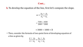 Cont...
b. To develop the equation of the line, first let’s compute the slope.
m =
𝑦2 − 𝑦1
𝑥2 − 𝑥1
=
7500 − 4500
2000 − 1000
=3000 ÷ 1000 = 3
• Then, consider the formula of two-point form of developing equation of
a line as given by,
𝑦 − 𝑦1
𝑥 − 𝑥1
=
𝑦2 − 𝑦1
𝑥2 − 𝑥1
 