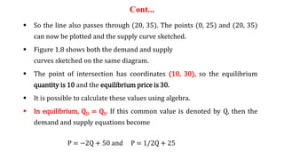 Cont...
 So the line also passes through (20, 35). The points (0, 25) and (20, 35)
can now be plotted and the supply curve sketched.
 Figure 1.8 shows both the demand and supply
curves sketched on the same diagram.
 The point of intersection has coordinates (10, 30), so the equilibrium
quantity is 10 and the equilibrium price is 30.
 It is possible to calculate these values using algebra.
 In equilibrium, QD = QS. If this common value is denoted by Q, then the
demand and supply equations become
P = −2Q + 50 and P = 1/2Q + 25
 
