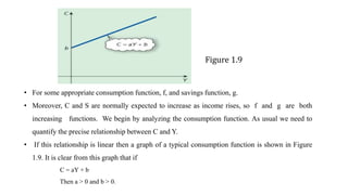 • For some appropriate consumption function, f, and savings function, g.
• Moreover, C and S are normally expected to increase as income rises, so f and g are both
increasing functions. We begin by analyzing the consumption function. As usual we need to
quantify the precise relationship between C and Y.
• If this relationship is linear then a graph of a typical consumption function is shown in Figure
1.9. It is clear from this graph that if
C = aY + b
Then a > 0 and b > 0.
Figure 1.9
 