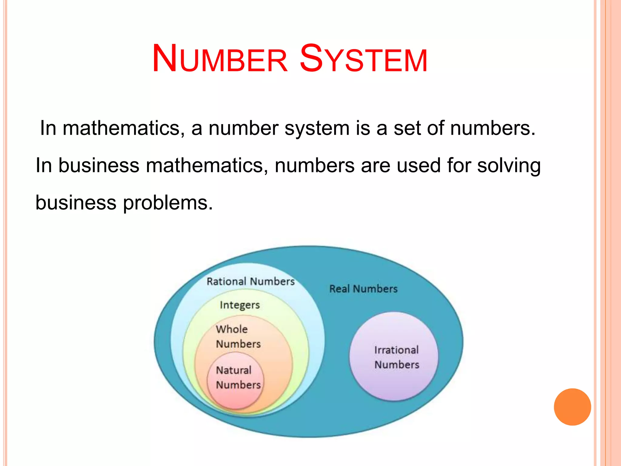 NUMBER SYSTEM
In mathematics, a number system is a set of numbers.
In business mathematics, numbers are used for solving
business problems.
 
