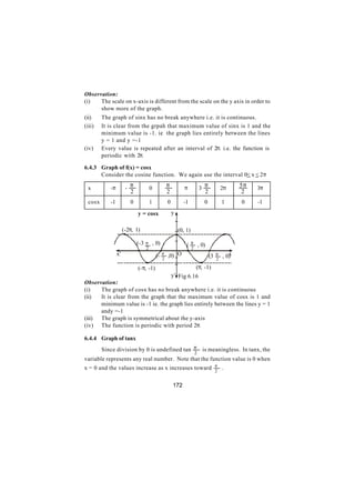 Observation:
(i)   The scale on x-axis is different from the scale on the y axis in order to
      show more of the graph.
(ii)    The graph of sinx has no break anywhere i.e. it is continuous.
(iii)   It is clear from the grpah that maximum value of sinx is 1 and the
        minimum value is -1. ie the graph lies entirely between the lines
        y = 1 and y =-1
(iv)    Every value is repeated after an interval of 2π. i.e. the function is
        periodic with 2π.

6.4.3 Graph of f(x) = cosx
      Consider the cosine function. We again use the interval 0< x < 2π

 x         -π         - π           0            π          π             3 π             2π     5π   3π
                        2                        2                           2                    2
 cosx      -1           0           1            0         -1                0            1      0    -1

                            y = cosx                 y

                     (-2π, 1)                            (0, 1)

                            (-3 π , 0)                       (    π       , 0)
                                2                                 2
                x'                           π                                        π
                                        (-   2
                                                 ,0) O                           (3          x
                                                                                          , 0)
                                                                                      2

                            (-π, -1)                                  (π, -1)
                                   y' Fig 6.16
Observation:
(i)   The graph of cosx has no break anywhere i.e. it is continuous
(ii)  It is clear from the graph that the maximum value of cosx is 1 and
      minimum value is -1 ie. the graph lies entirely between the lines y = 1
      andy =-1
(iii) The graph is symmetrical about the y-axis
(iv) The function is periodic with period 2π.

6.4.4 Graph of tanx
        Since division by 0 is undefined tan π is meaningless. In tanx, the
                                                                      2
variable represents any real number. Note that the function value is 0 when
                                                                                      π
x = 0 and the values increase as x increases toward                                   2
                                                                                          .


                                                     172
 
