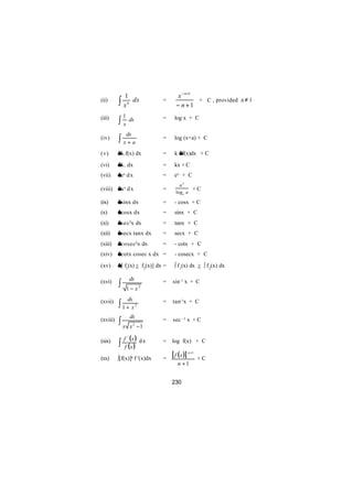 1                        x − n +1
(ii)      ∫   xn
                 dx            =
                                       − n +1
                                                + C , provided n ≠ 1

              1
(iii)
          ∫x       dx          =     log x + C

                  dx
(iv)      ∫ x+a                =     log (x+a) + C

(v)       ∫ k.f(x) dx          =     k ∫ f(x)dx + C

(vi)      ∫ k. dx              =     kx + C
(vii)     ∫ ex d x             =     ex + C
                                        ax
(viii) ∫ a x d x               =             +C
                                      loge a

(ix)      ∫ sinx dx            =     - cosx + C
(x)       ∫ cosx dx            =     sinx + C
(xi)      ∫ sec2x dx           =     tanx + C
(xii)     ∫ secx tanx dx       =     secx + C
(xiii)    ∫ cosec2x dx         =     - cotx + C
(xiv) ∫ cotx cosec x dx =            - cosecx + C

(xv)      ∫ [ f1(x) + f2(x)] dx =    ∫ f 1(x) dx + ∫ f 2(x) dx

                   dx
(xvi)
          ∫       1− x2
                               =    sin-1 x + C


                  dx
(xvii)
          ∫1+ x         2
                               =    tan-1x + C

                   dx
(xviii)   ∫x       x 2 −1
                               =    sec –1 x + C


              f / (x ) d x
(xix)
          ∫    f (x )
                               =    log f(x) + C


(xx)      ∫[f(x)]n f '(x)dx    =
                                    [ f ( x )] n +1   +C
                                       n +1


                                    230
 