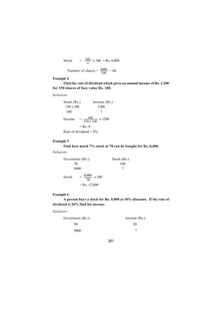 Stock        = 360 x 100 = Rs. 6,000
                         6

      ∴ Number of shares = 6000 = 60.
                                 100
Example 4
      Find the rate of dividend which gives an annual income of Rs. 1,200
for 150 shares of face value Rs. 100.
Solution:
      Stock (Rs.)            Income (Rs.)
       150 x 100                1200
        100                       ?

      Income       =     100     x 1200
                       150 x 100
                 = Rs. 8
      Rate of dividend = 8%

Example 5
     Find how much 7% stock at 70 can be bought for Rs. 8,400.
Solution:
      Investment (Rs.)                    Stock (Rs.)
            70                                 100
            8400                                ?

      Stock        = 8,400 x 100
                       70
                   = Rs. 12,000

Example 6
      A person buys a stock for Rs. 9,000 at 10% discount. If the rate of
dividend is 20% find his income.
Solution:
      Investment (Rs.)                            Income (Rs.)
              90                                        20
              9000                                       ?

                                       261
 