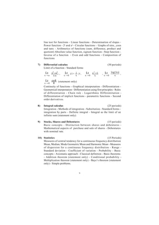 line test for functions - Linear functions - Determination of slopes -
     Power function - 2x and ex - Circular functions - Graphs of sinx, ,cosx
     and tanx - Arithmetics of functions (sum, difference, product and
     quotient) Absolute value function, signum function - Step function -
     Inverse of a function - Even and odd functions - Composition of
     functions

7)   Differential calculus                                             (30 periods)
     Limit of a function - Standard forms

      Lt  xn − a n ,     Lt (1+     1 )x ,    Lt  e x −1          Lt           +
                                                                          log(1 x)
                                                              ,                    ,
     x →a  x-a          x →0        x        x →0    x            x →0       x

      Lt    sin θ (statement only)
     x →0     θ
     Continuity of functions - Graphical interpretation - Differentiation -
     Geometrical interpretation - Differtentiation using first principles - Rules
     of differentiation - Chain rule - Logarithmic Differentitation -
     Differentiation of implicit functions - parametric functions - Second
     order derivatives.

8)   Integral calculus                                         (25 periods)
     Integration - Methods of integration - Substitution - Standard forms -
     integration by parts - Definite integral - Integral as the limit of an
     infinite sum (statement only).

9)   Stocks, Shares and Debentures                         (15 periods)
     Basic concepts - Distinction between shares and debentures -
     Mathematical aspects of purchase and sale of shares - Debentures
     with nominal rate.

10) Statistics                                                (15 Periods)
    Measures of central tendency for a continuous frequency distribution
    Mean, Median, Mode Geometric Mean and Harmonic Mean - Measures
    of dispersion for a continuous frequency distribution - Range -
    Standard deviation - Coefficient of variation - Probability - Basic
    concepts - Axiomatic approach - Classical definition - Basic theorems
    - Addition theorem (statement only) - Conditional probability -
    Multiplication theorem (statement only) - Baye’s theorem (statement
    only) - Simple problems.


                                       v
 